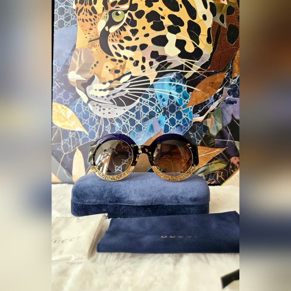 ‼️SOLD‼️New- Gucci Acetate Round Sunglasses Blue Havana Brown - Picture 5 of 16
